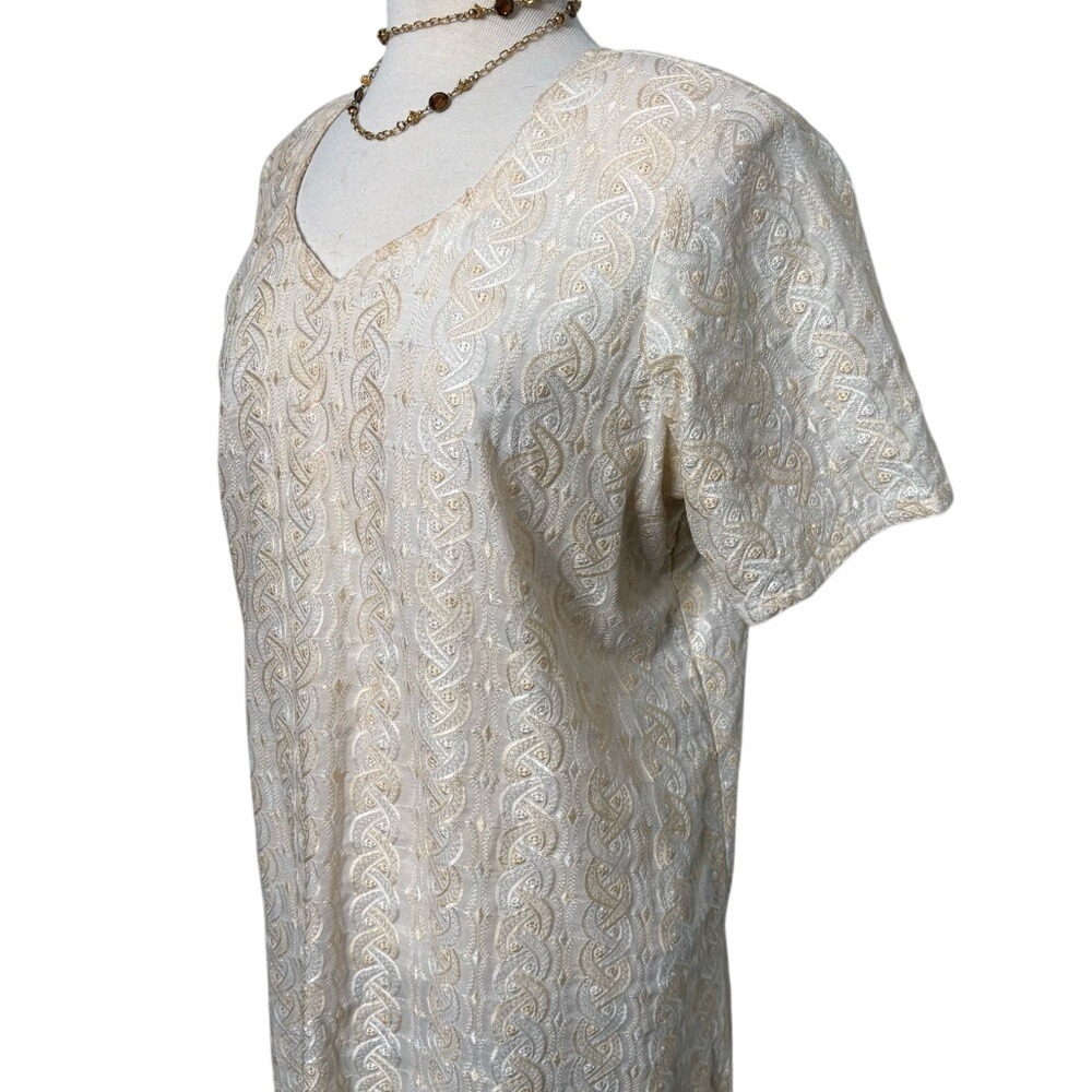 Vintage‎ Cream Embroidered Short Sleeve Midi Shift Kaftan Dress Side Slit Boho L